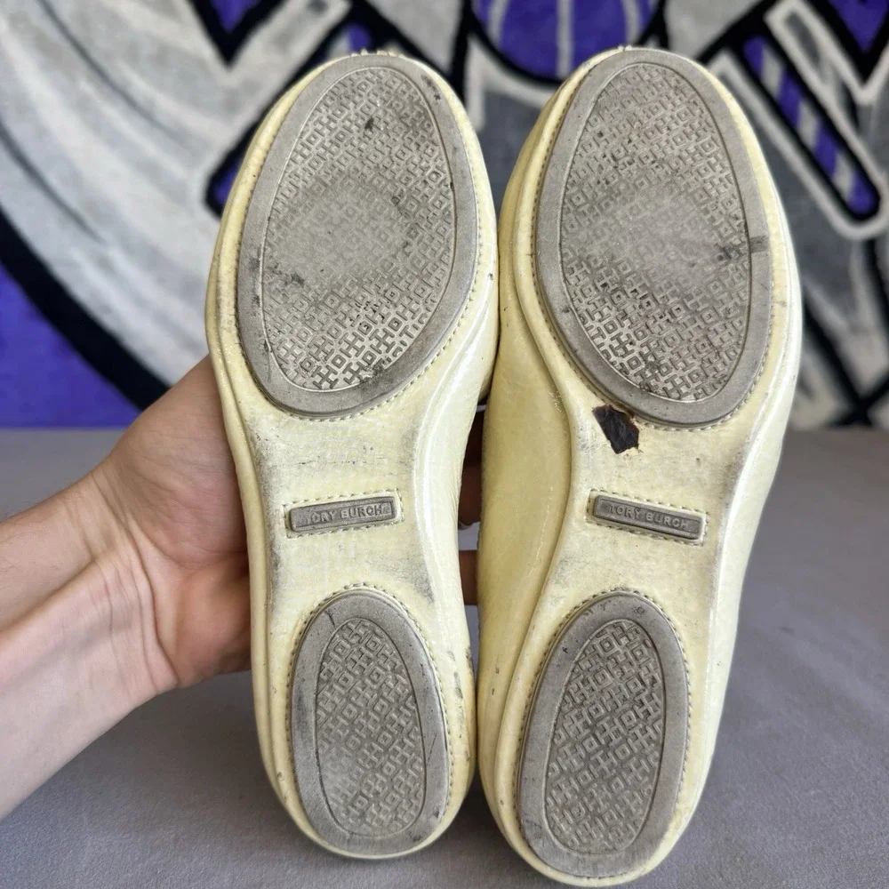 Size 6.5m - Tory Burch Flats Reva Metallic Gold Tumbled Leather Ballerina Shoes